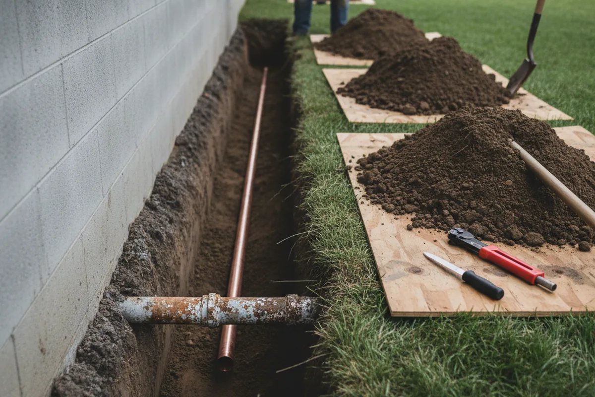 Excavated water line trench during Water Softener Installation in Lemoore